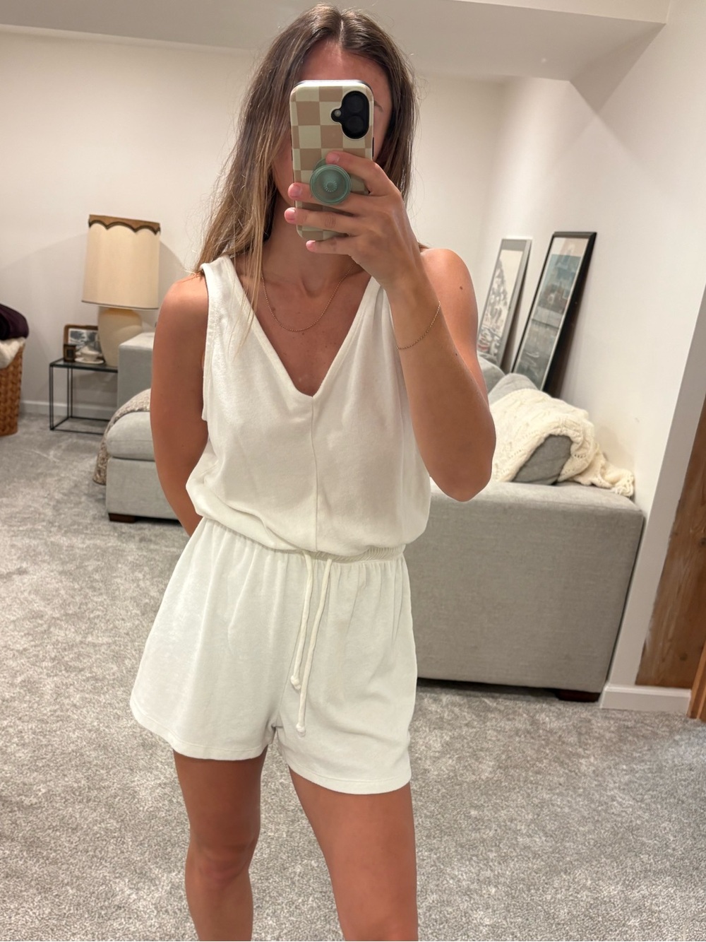 Old Navy Cream/White Sleeveless V-Neck Romper with Drawstring Waist
